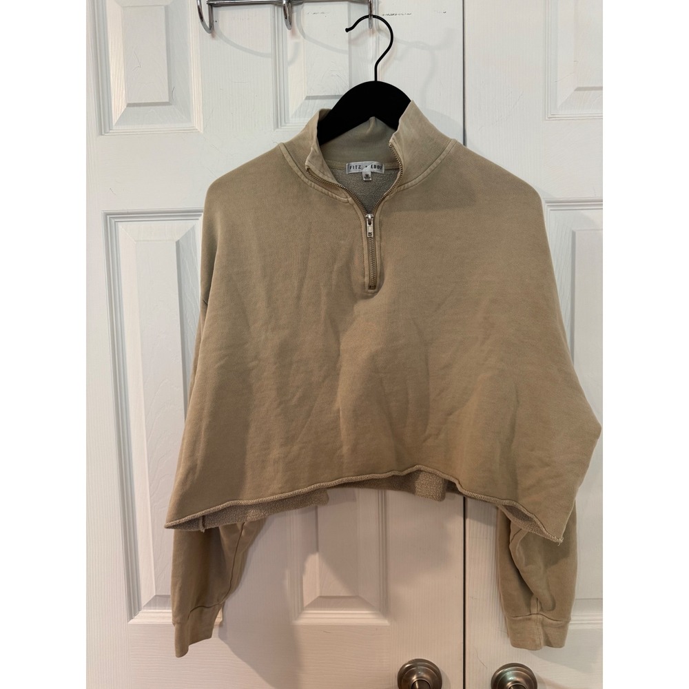 Fitz + Eddi Tan Beige Cropped Quarter Zip Cotton French Terry Sweatshirt M